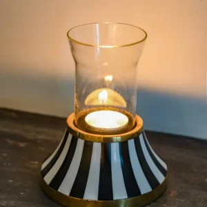 Portacandele grande resina con design strisce bianche e nere
