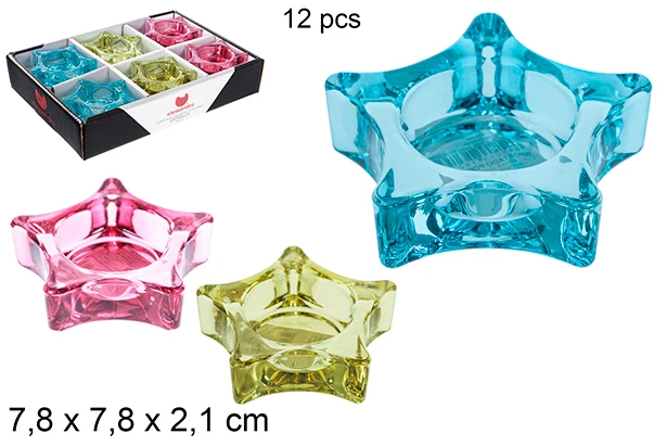 Portacandele vetro stella di colori assortiti 7,8 cm 12/unità