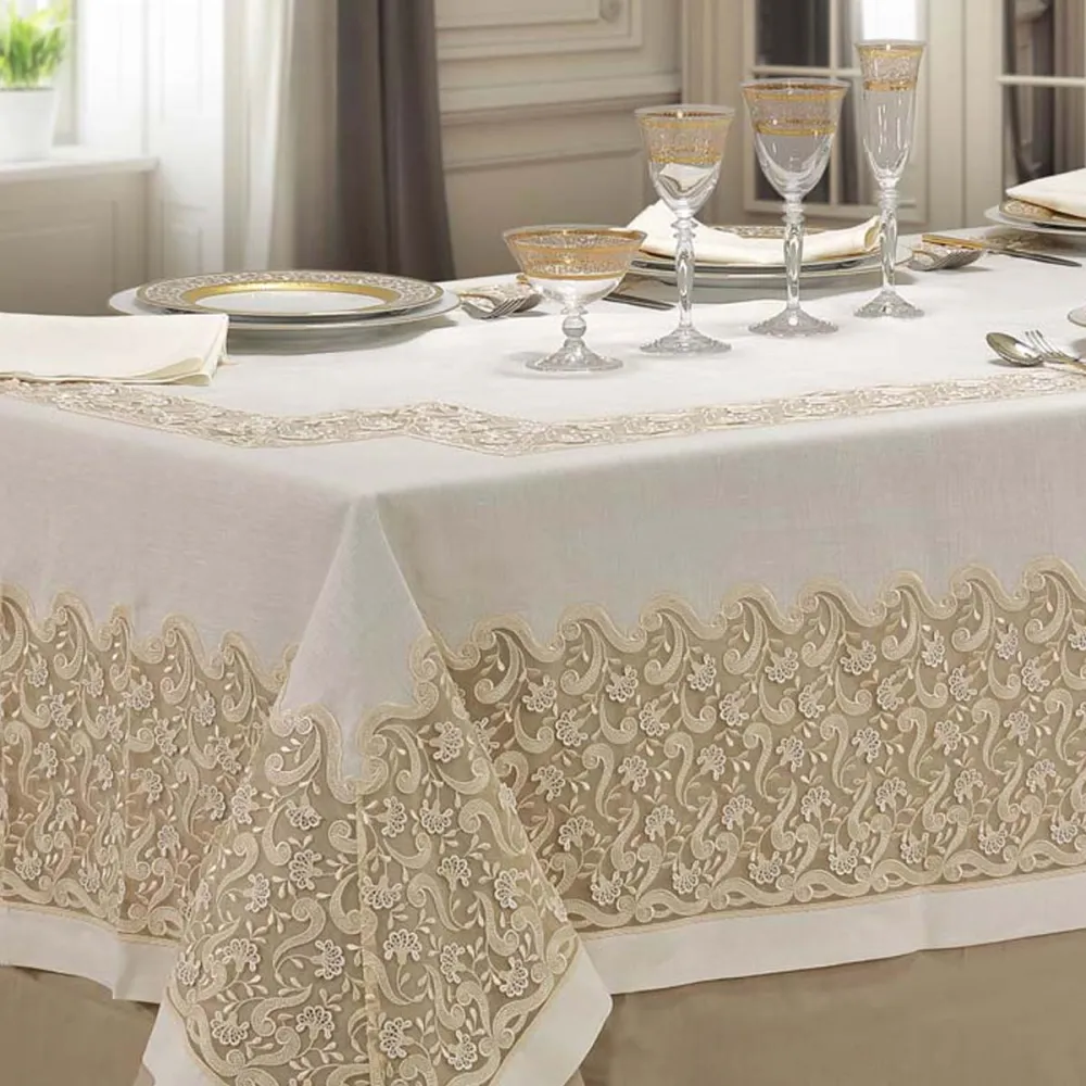 Prestigiosa tovaglia artigianale con pizzo puro lino avorio - Letizia