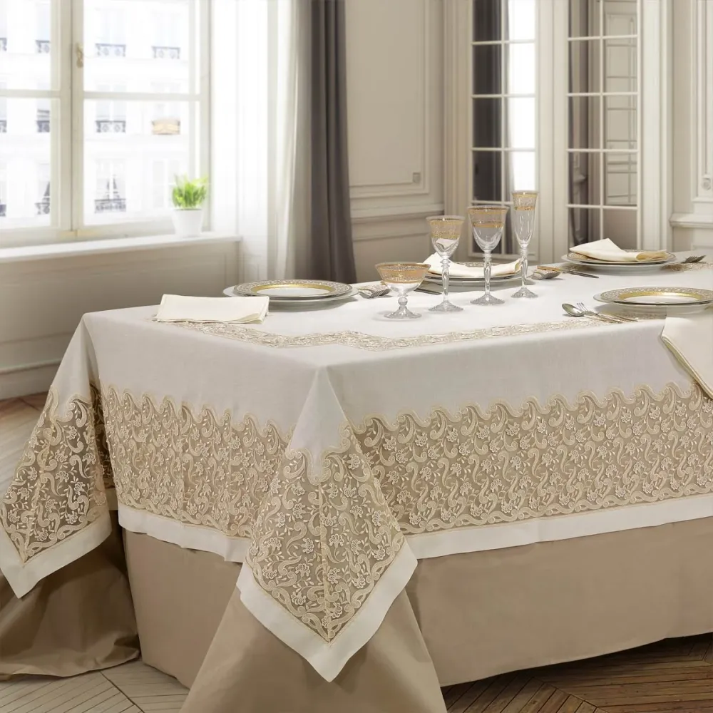 Prestigiosa tovaglia artigianale con pizzo puro lino avorio - Letizia