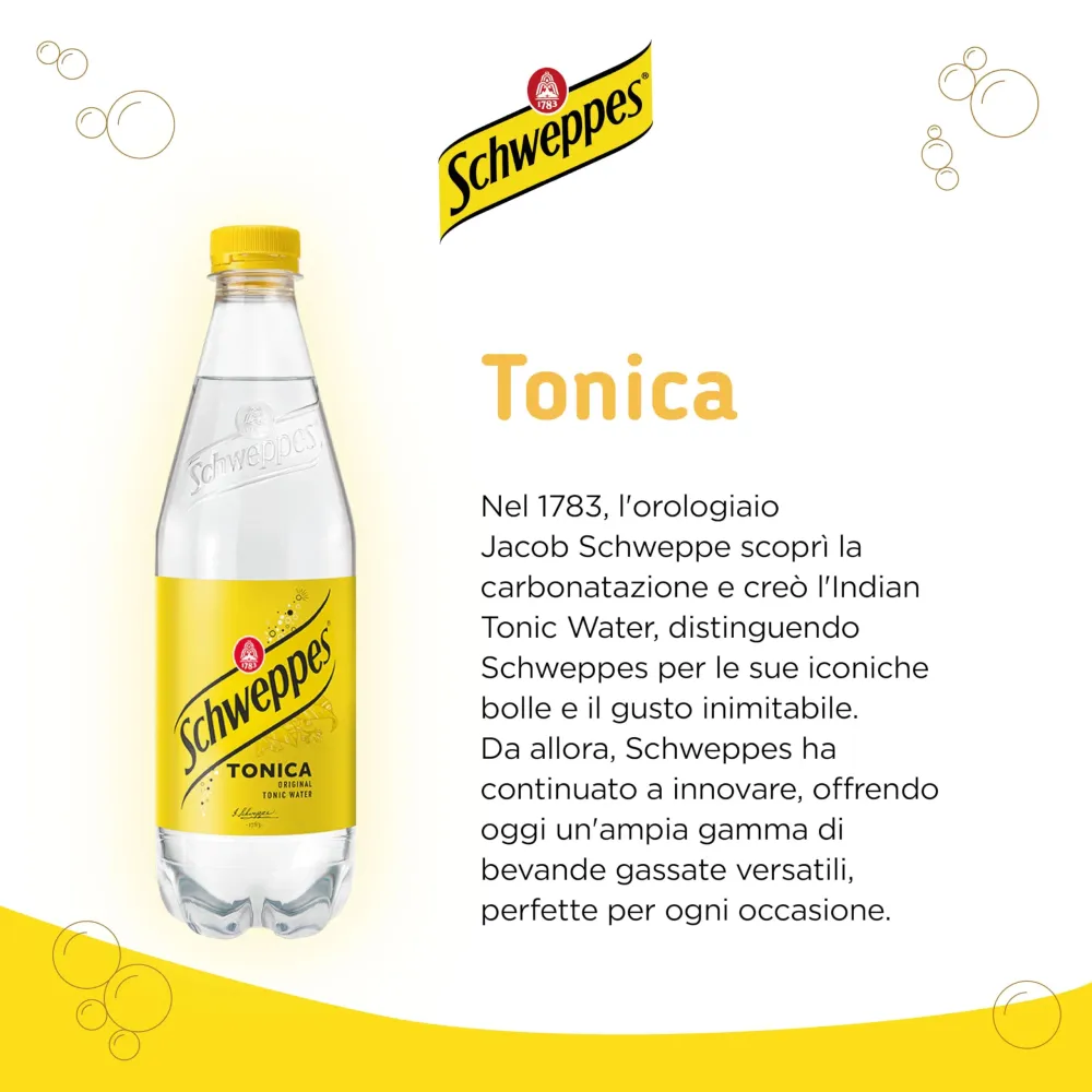 Schweppes Tonica, Bevanda Gassata al Gusto di Chinino, 12x500ml, Perfetta per Aperitivi e Cocktail, 100% Aromi Naturali