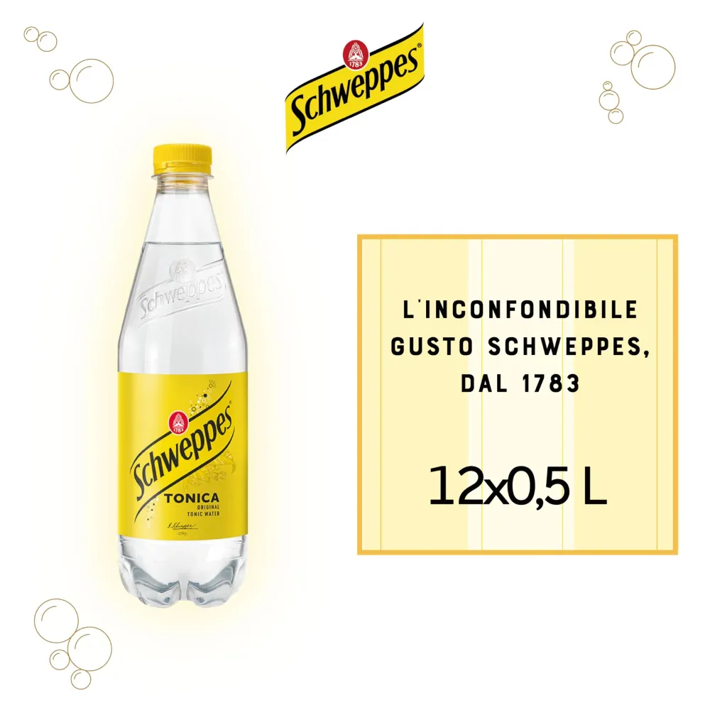 Schweppes Tonica, Bevanda Gassata al Gusto di Chinino, 12x500ml, Perfetta per Aperitivi e Cocktail, 100% Aromi Naturali