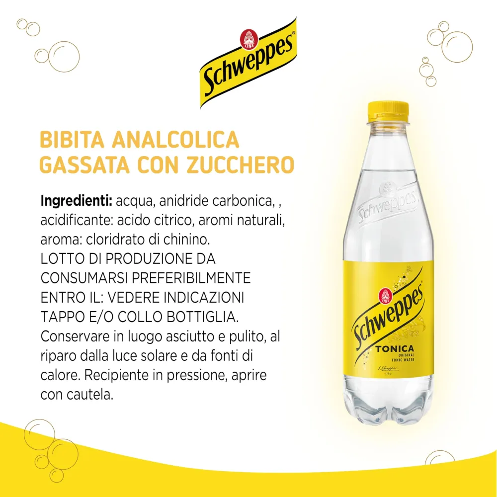Schweppes Tonica, Bevanda Gassata al Gusto di Chinino, 12x500ml, Perfetta per Aperitivi e Cocktail, 100% Aromi Naturali