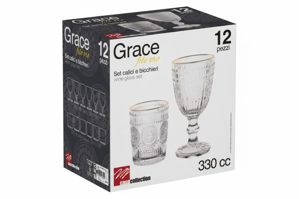 Set 12 Bicchieri e Calici Grace Filo Oro 330cc – Vetro Elegante Decorato