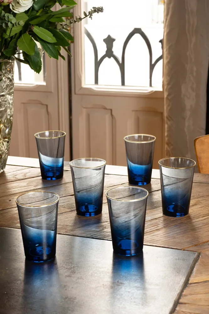 Set Di 6 Bicchieri Cristallo Blu Con Bordo Oro