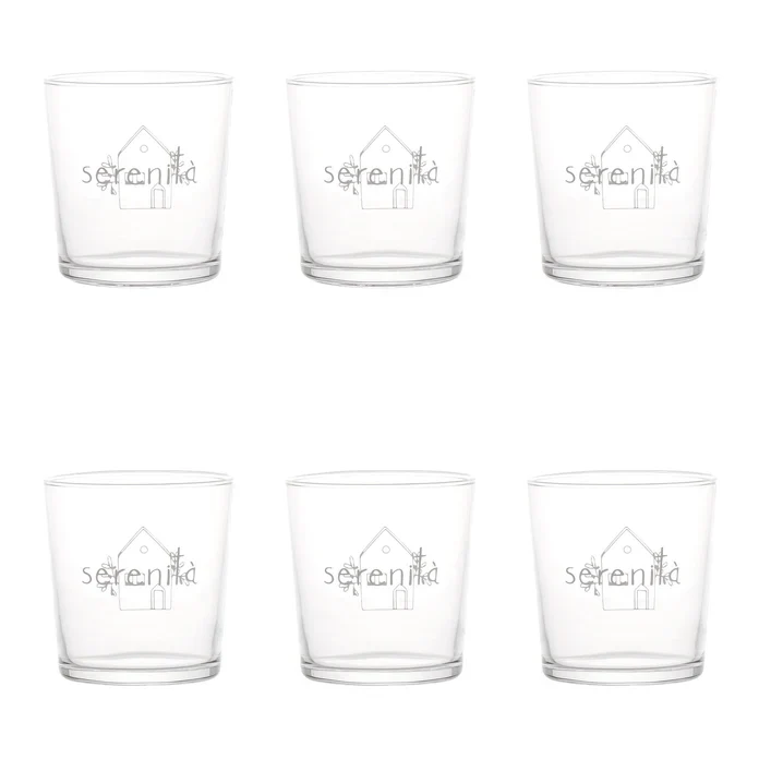 SET 6 BICCHIERI DECORO "SERENITA'" 35 CL VETRO TEMPERATO SERIGRAFATO BIANCO