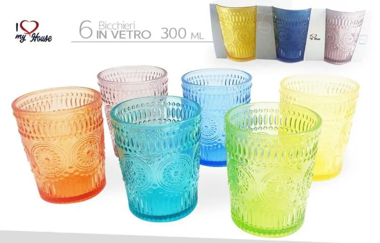 Set 6 Bicchieri Da Tavola Vetro Colorati Per Acqua Cocktail Drink Bibite Vino