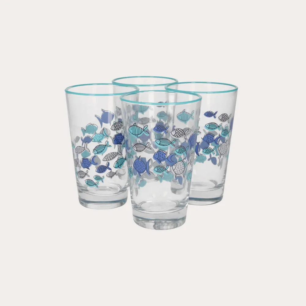 Set 4 Bicchieri Vetro Decorati con Pesci Blu