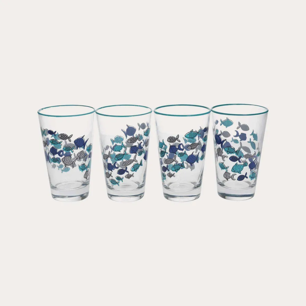 Set 4 Bicchieri Vetro Decorati con Pesci Blu