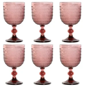 Set 6 Calici Rosa Cristallo Item International | Bicchieri Eleganti 325 ml con Decoro Rilievo