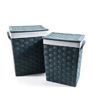 Set 2 ceste lavanderia con coperchio intrecciate tessuto country blu avio con interno sfoderabile, grande 32x41x55 cm, pic...