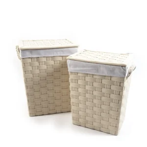 Set 2 ceste lavanderia con coperchio tessuto intrecciato stile country avorio con interno sfoderabile, grande 32x41x55 cm,...