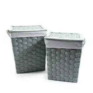 Set 2 ceste lavanderia con coperchio, tessuto intrecciato stile country verde salvia con interno sfoderabile, grande 32x41...
