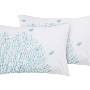 Set 2 federe coppia di federe bifaccia doubleface stampa digitale 100% cotone, Made Italy CORALLI E PESCI AZZURRO/BIANCO