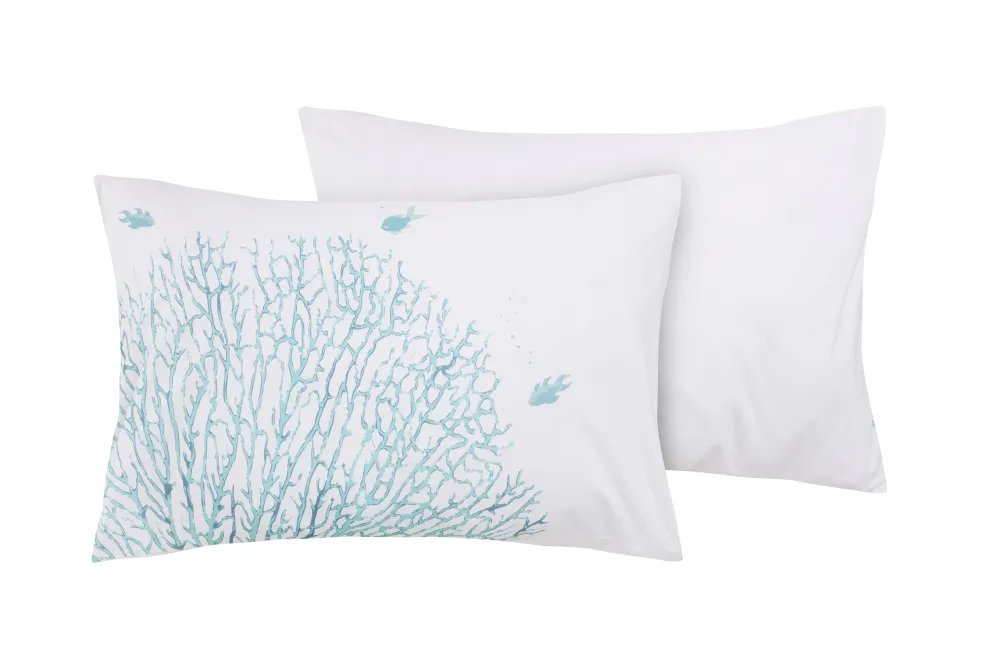 Set 2 federe coppia di federe bifaccia doubleface stampa digitale 100% cotone, Made Italy CORALLI E PESCI AZZURRO/BIANCO