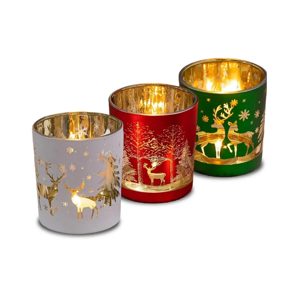 Set di 3 Portacandele Decorativi Edizione Limitata Natalizia Vetro