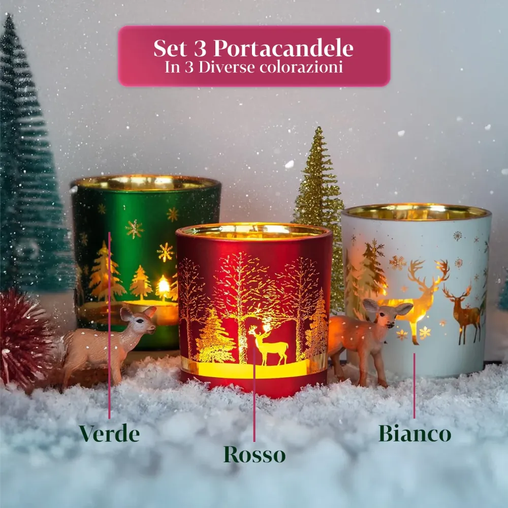 Set di 3 Portacandele Decorativi Edizione Limitata Natalizia Vetro