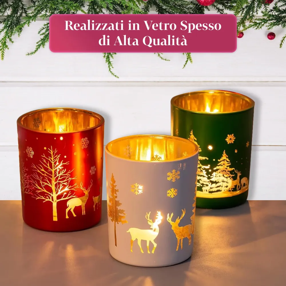 Set di 3 Portacandele Decorativi Edizione Limitata Natalizia Vetro