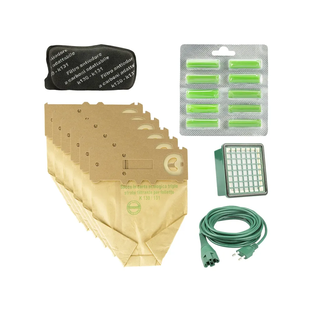 Set 12 Sacchi + 20 Profumini + 2 Hepa + 2 Filtro Carbone + Cavo 7M Adattabile VK130/131