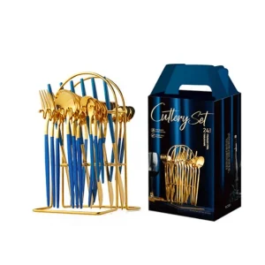 Set di stoviglie acciaio inox, 24 pezzi, con ripiano portaoggetti. BLU