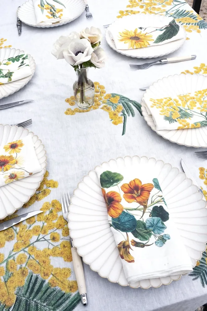 Set di 6 tovaglioli di lino con disegno di fiori gialli