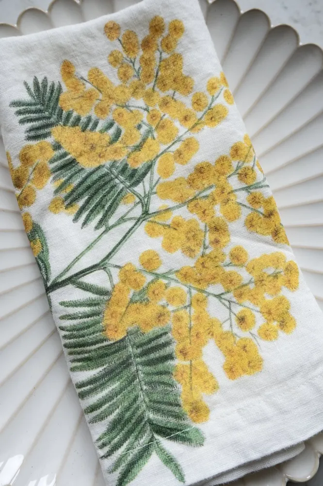 Set di 6 tovaglioli di lino con disegno di fiori gialli