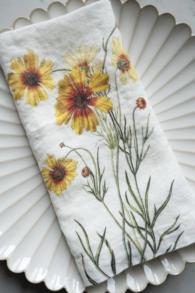 Set di 6 tovaglioli di lino con disegno di fiori gialli