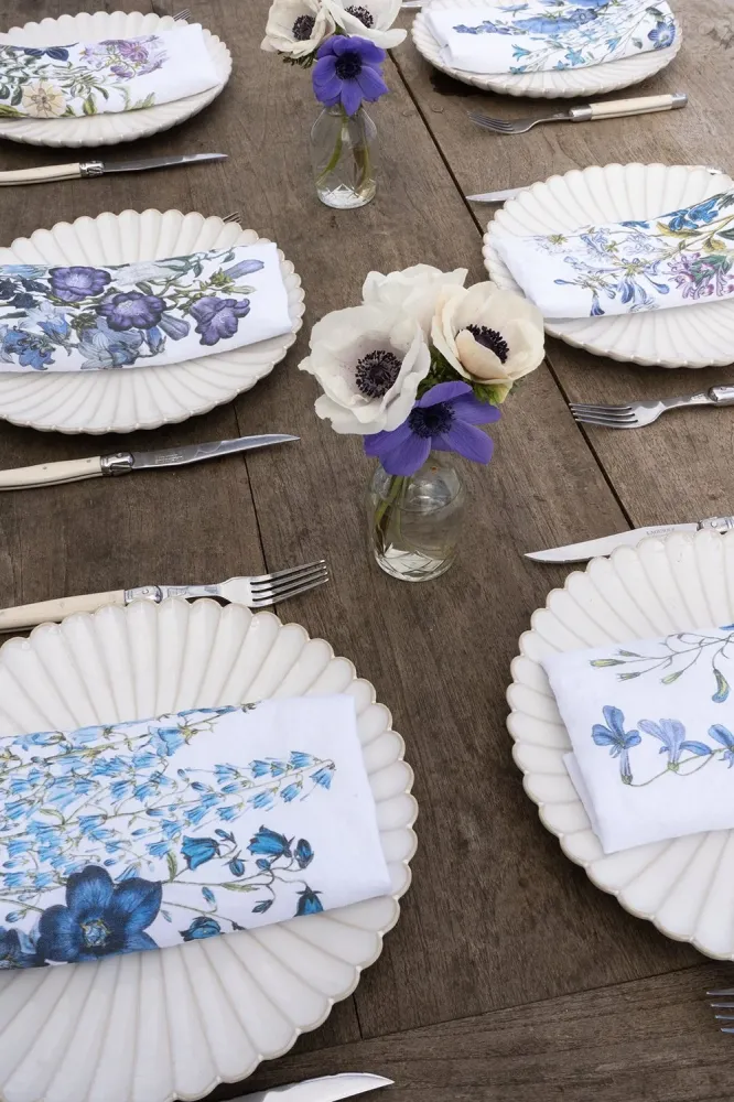Set di 6 tovaglioli di lino con disegno di fiori blu