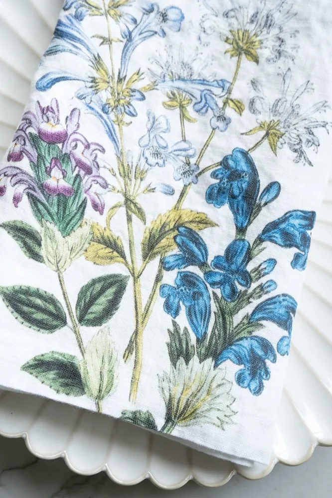 Set di 6 tovaglioli di lino con disegno di fiori blu