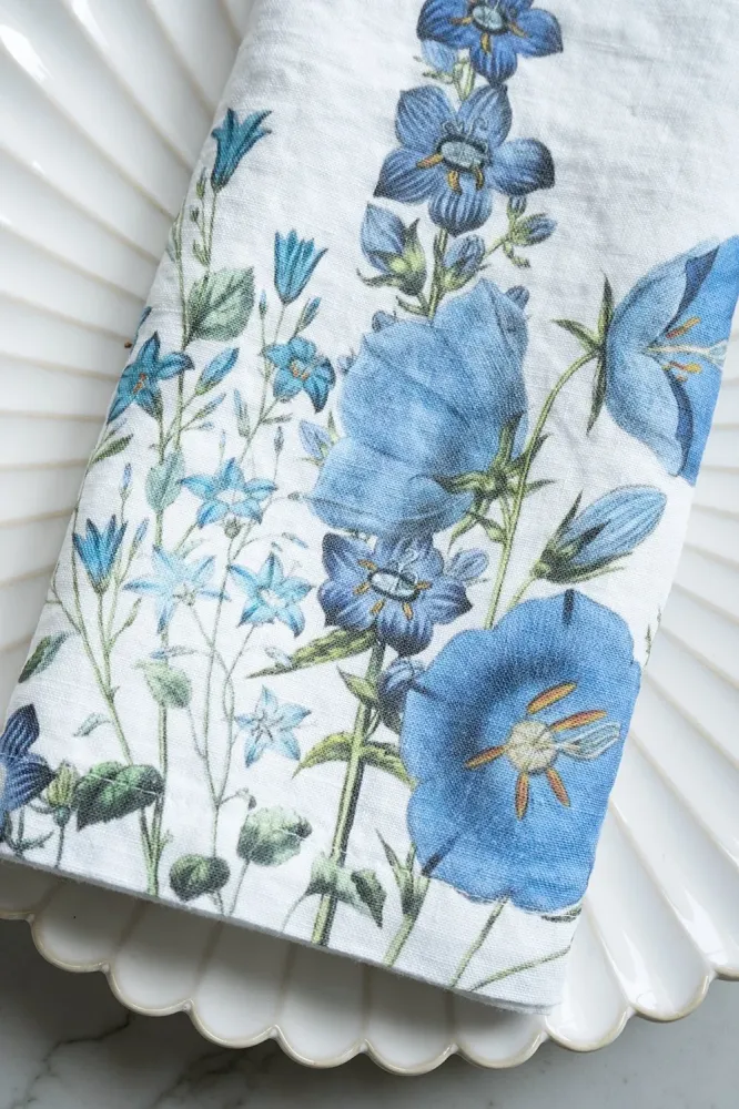Set di 6 tovaglioli di lino con disegno di fiori blu