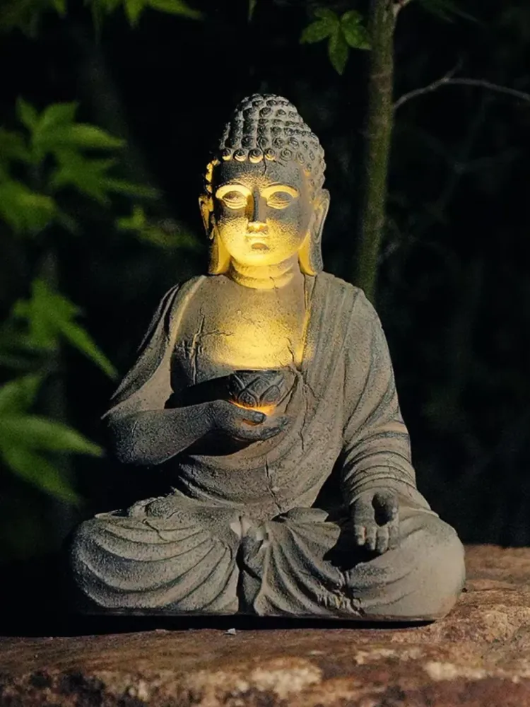 Statua di Buddha resina con luce, adatta all'uso esterno 24 cm