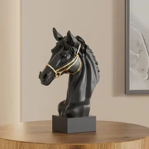 Statua busto testa di cavallo nero e oro 30 cm
