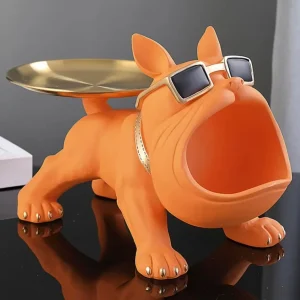 Statua cane bulldog arancione con vassoio 20 cm