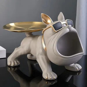 Statua cane bulldog grigio con vassoio 20 cm