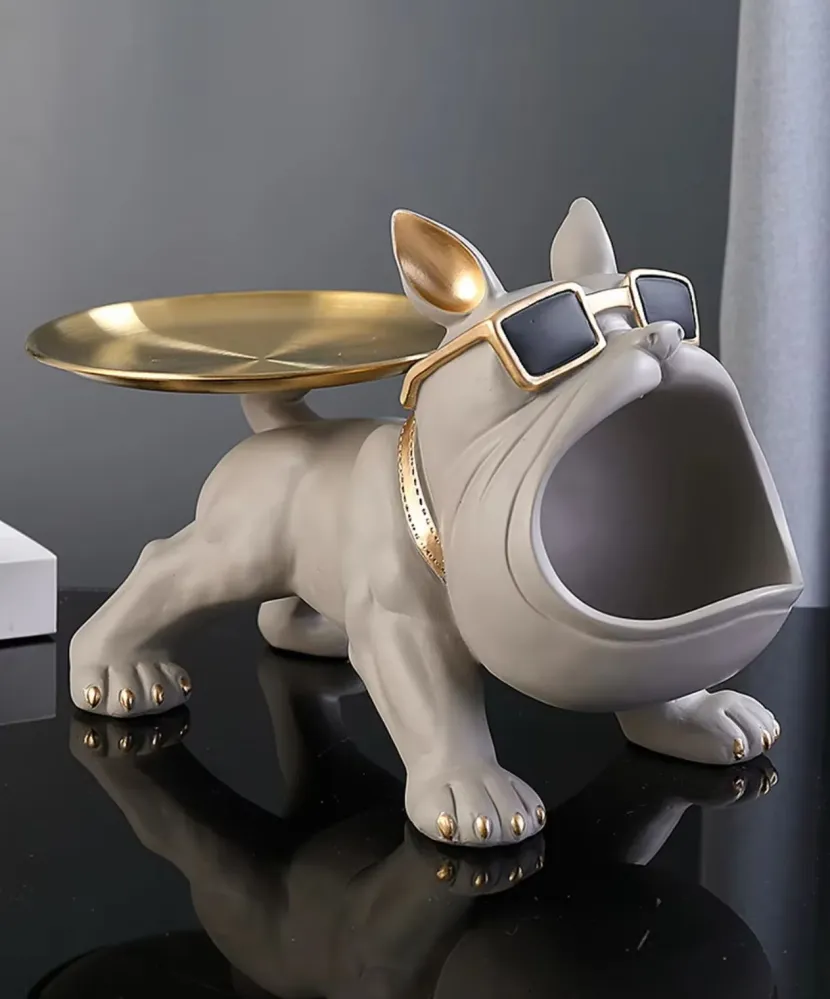 Statua cane bulldog grigio con vassoio 20 cm