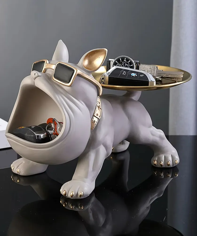 Statua cane bulldog grigio con vassoio 20 cm