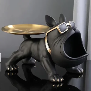 Statua cane bulldog nero con vassoio 20 cm