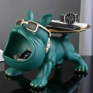 Statua cane bulldog verde con vassoio 20 cm