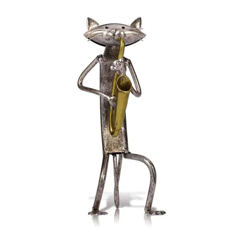 Statua di gatto metallo musicista sassofonista 24 cm