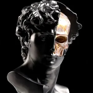 Statua greca nera, teschio dorato 28 cm