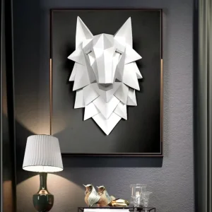 Statua da parete con testa di lupo bianco 35 cm