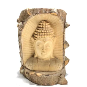 Statua volto di Buddha inciso nel legno