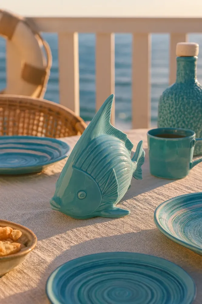 Statuina Decorativa Pesce Ceramica Azzurro Turchese