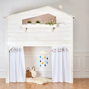 Tende per letto soppalco piccoli cerbiatti grigio arancio su bianco pois grigi irregolari su bianco