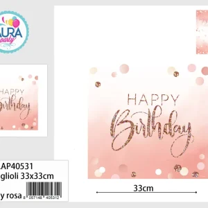 16 tovaglioli 33x33cm happy birthday rosa