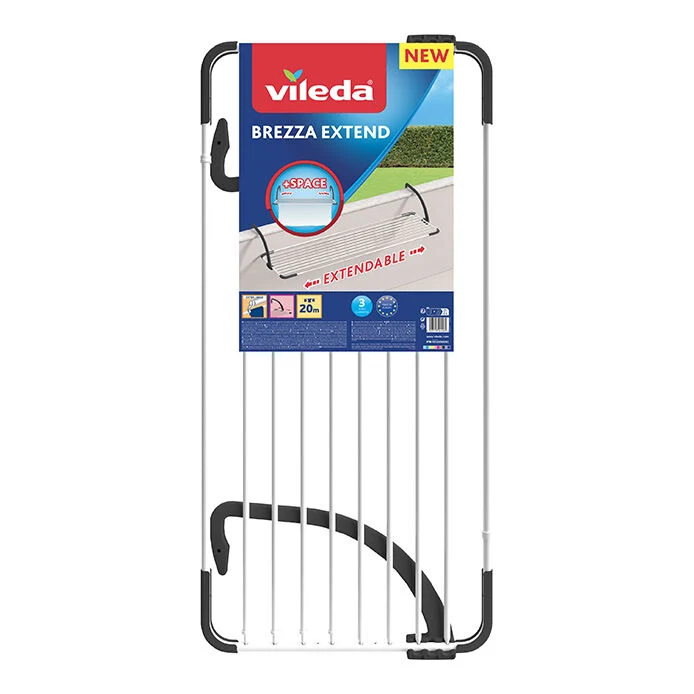 Vileda Brezza Extend Stendibiancheria da Balcone Estensibile 20m | Fili Extra-Spessi Antipiega | Bracci Regolabili Nytroge...