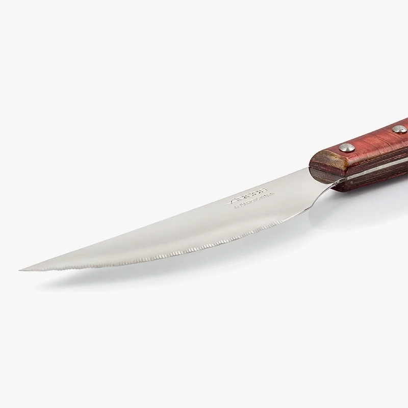 Coltello Bistecca Legno di Pioppo Compresso Tinta Rossa 110 mm per Adulti