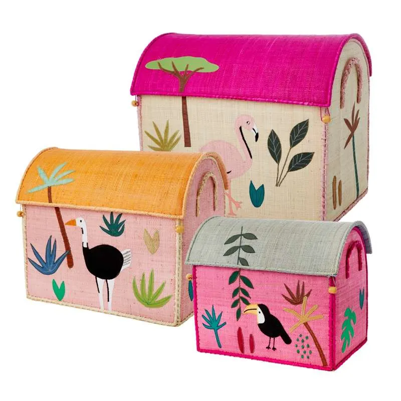 RICE Raffia Casa di Stoccaggio - Animali della Giungla - Rosa - Medio