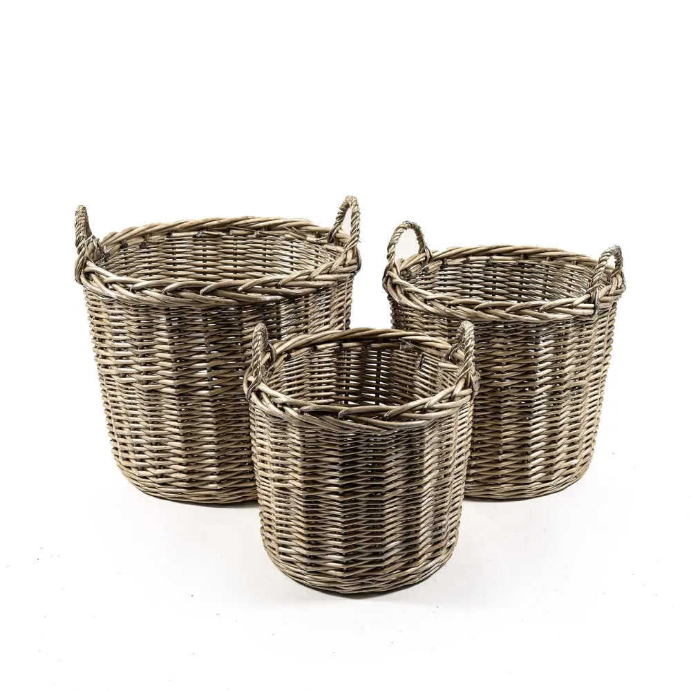 Set 3 Cesti con intreccio vimini naturale porta legna robusto con manici