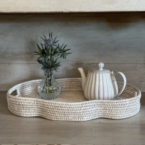 Vassoio ovale rattan con manici bianco